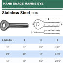 1/8", 3/16", 1/4" Stainless Steel 316 Hand Swage Marine Eye - PACK 5