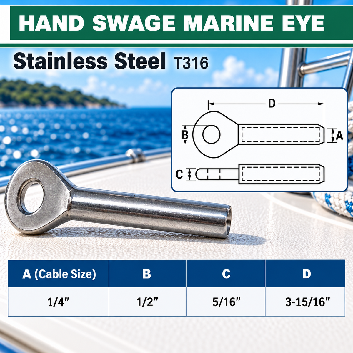 5 Pc Set T316 Stainless Steel Hand Swage Marine Eye, 1/8", 3/16", and 1/4" Cable Eye Terminal for Wire Rope