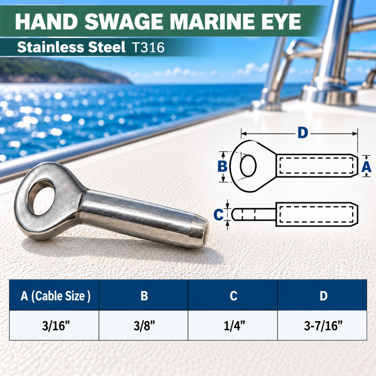 5 Pc Set T316 Stainless Steel Hand Swage Marine Eye, 1/8", 3/16", and 1/4" Cable Eye Terminal for Wire Rope