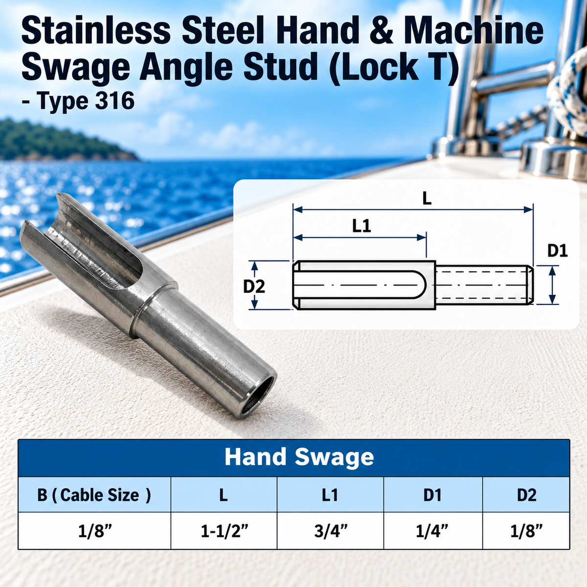 5 Pc Set T316 Stainless Steel Hand Swage Angle Stud for 1/8" and 3/16" Cable Railing, Cable Rail Fittings