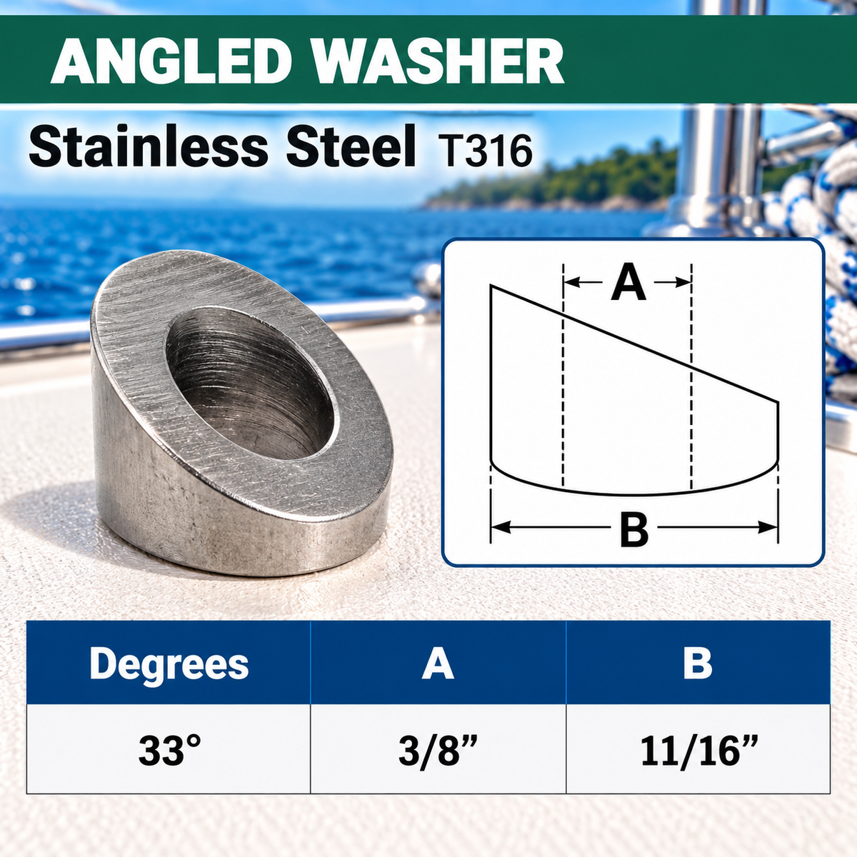5 Pc Set T316 Stainless Steel 30 Degree, 33 Degree, 37 Degree Angled Beveled Washers Cable Railing Hardware