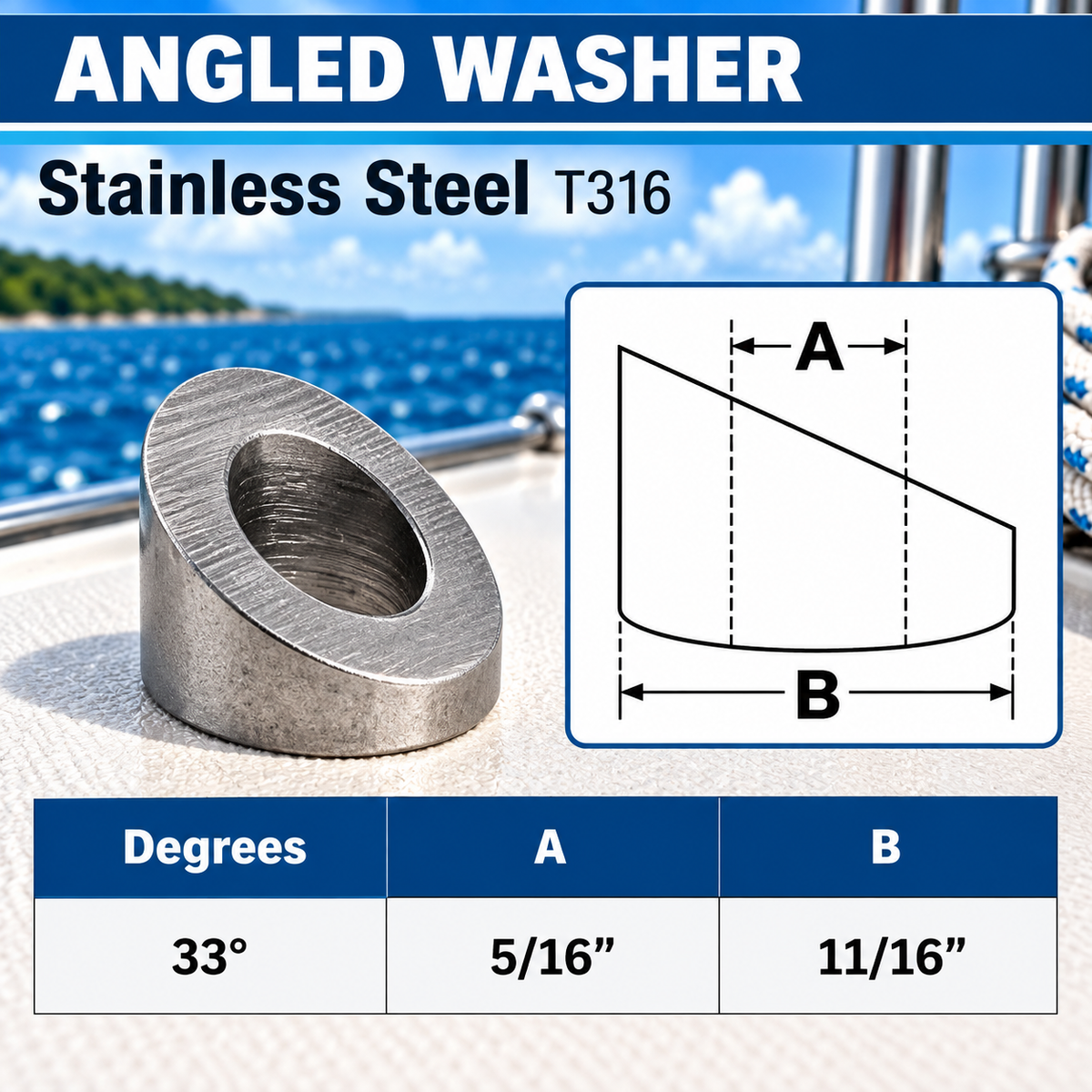 5 Pc Set T316 Stainless Steel 30 Degree, 33 Degree, 37 Degree Angled Beveled Washers Cable Railing Hardware