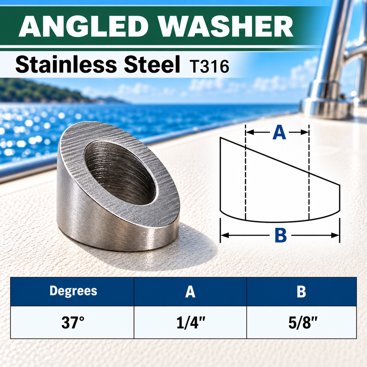 5 Pc Set T316 Stainless Steel 30 Degree, 33 Degree, 37 Degree Angled Beveled Washers Cable Railing Hardware