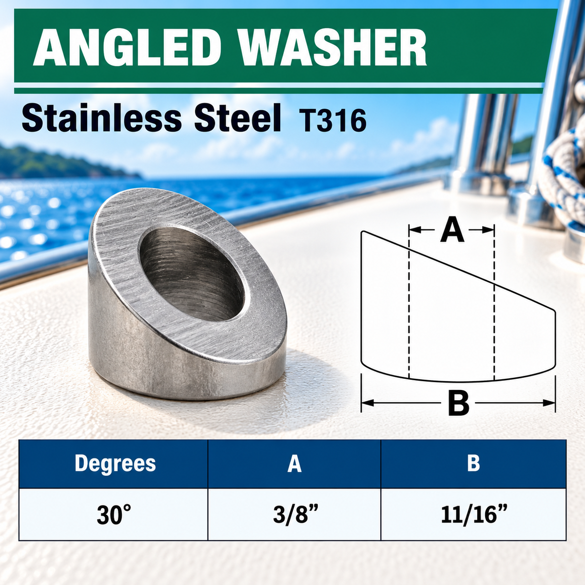 5 Pc Set T316 Stainless Steel 30 Degree, 33 Degree, 37 Degree Angled Beveled Washers Cable Railing Hardware