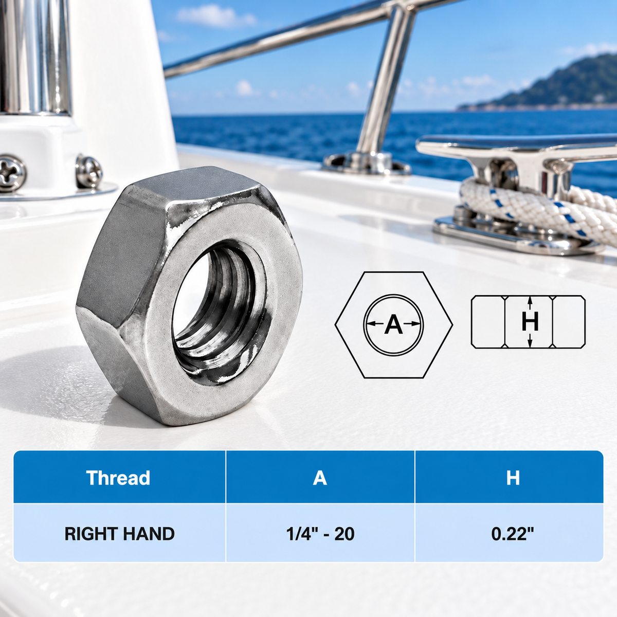 Stainless Steel 316 Hex Nut Left Hand and Right Hand Thread, Pack of 20 Marine Grade Fastener Nuts for Rigging Hardware