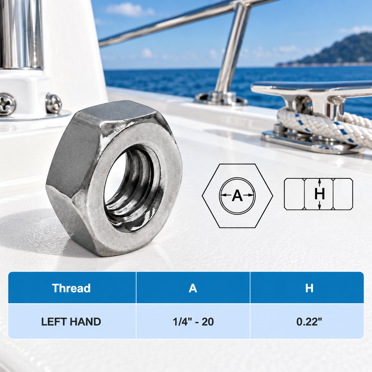 Stainless Steel 316 Hex Nut Left Hand and Right Hand Thread, Pack of 20 Marine Grade Fastener Nuts for Rigging Hardware