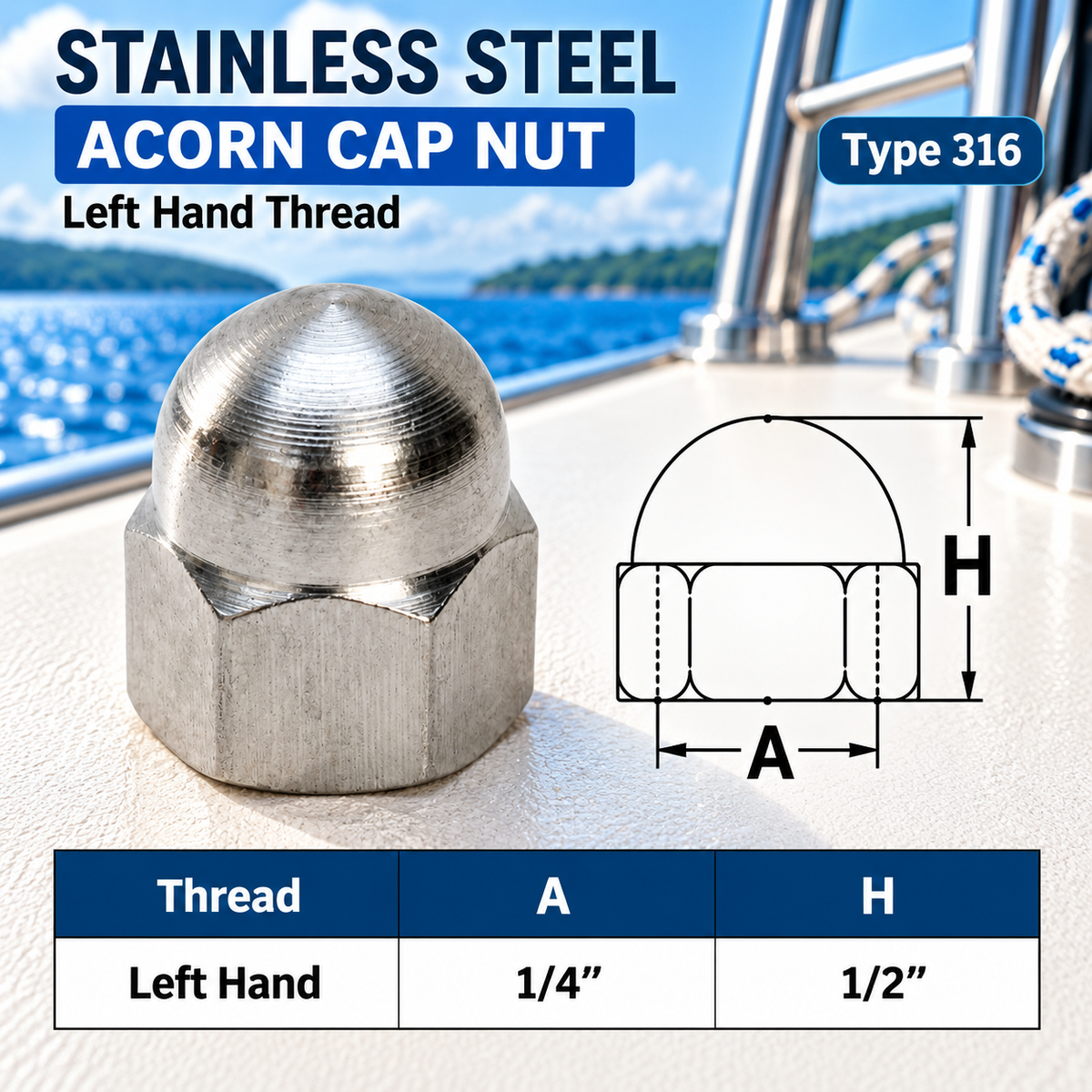 10 Pc Set T316 Stainless Steel 1/4" Acorn Nut, Left Hand and Right Hand Thread Cap Nut