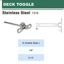 Stainless Steel 316 Deck Toggle Tensioner Terminal For 1/8", 3/16" Cable Railing