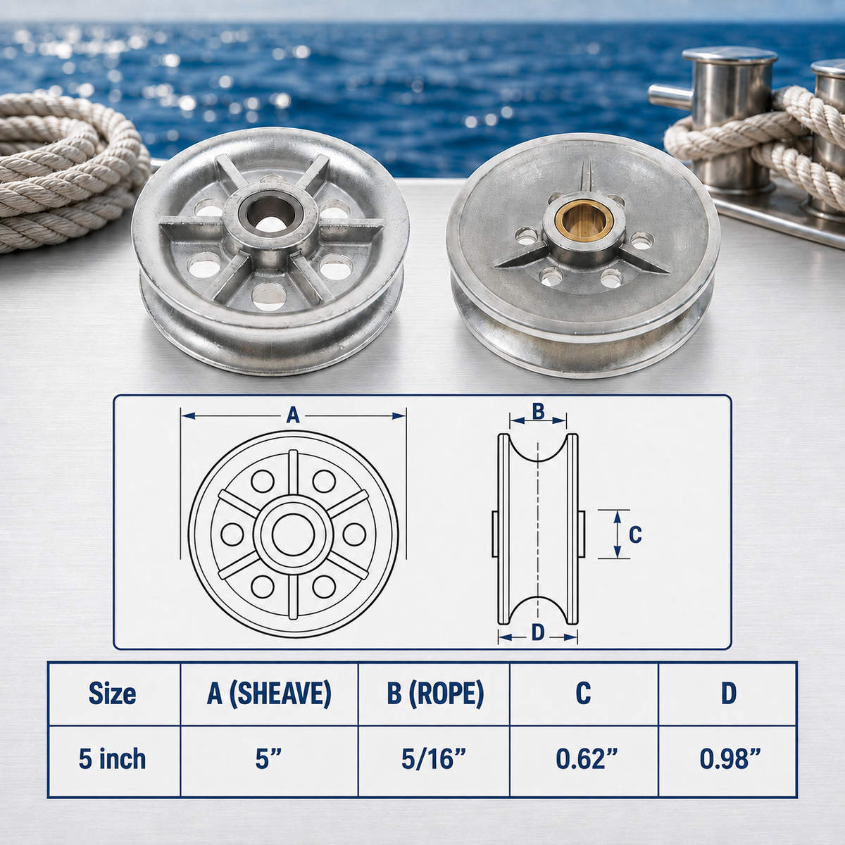 Marine Boat T304 Stainless Steel Sheave Wire Rope Pulley with Brass Bushing for Cable, Rigging, Deck, and Outdoor Use