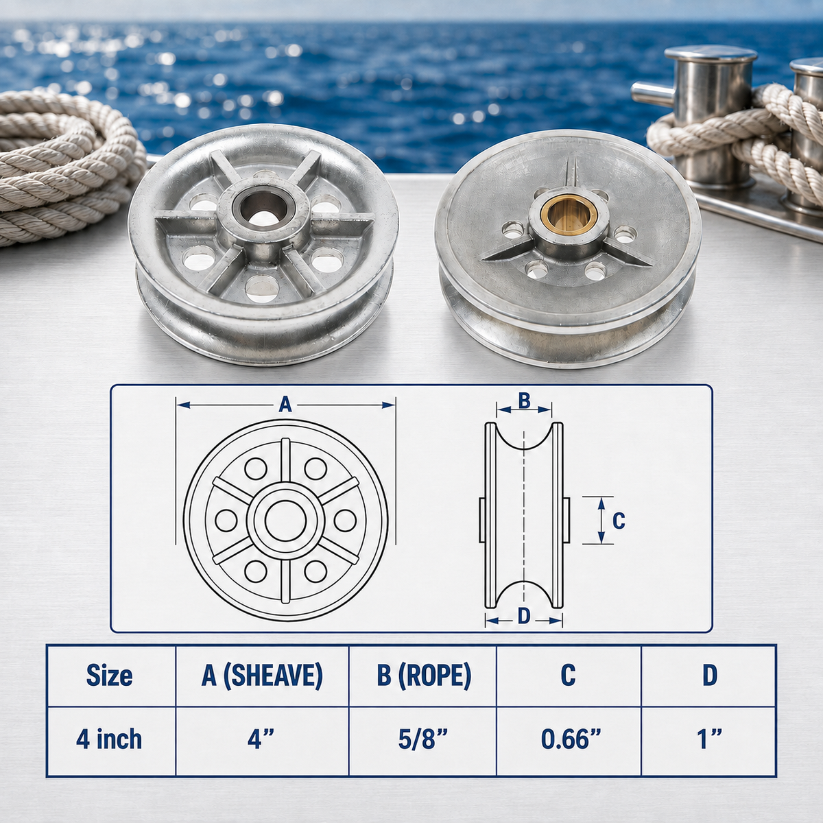 Marine Boat T304 Stainless Steel Sheave Wire Rope Pulley with Brass Bushing for Cable, Rigging, Deck, and Outdoor Use