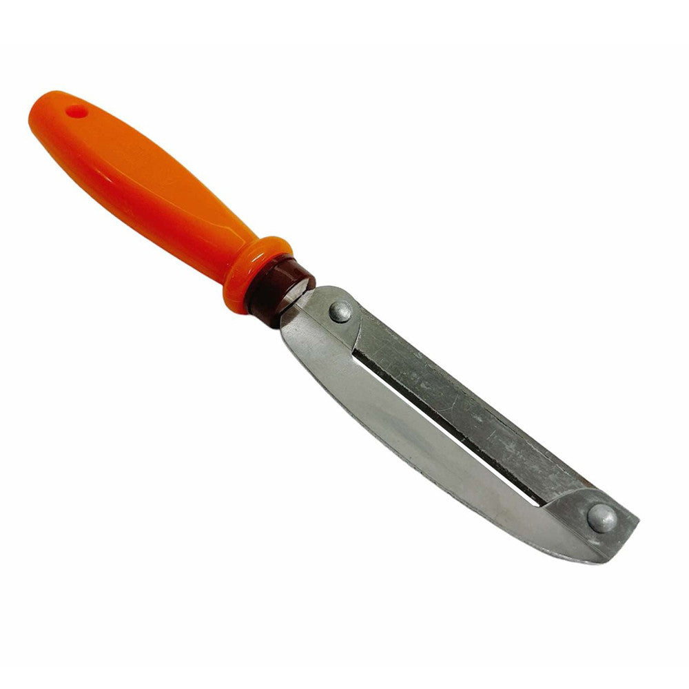 Orange-handled scraping tool with straight metal blade on white background