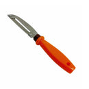 
Detail view of utility scraper with bright orange grip and metal head