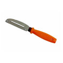 Orange-handled scraping tool with straight metal blade on white background