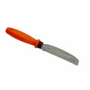 Metal-bladed hand tool with orange ergonomic handle used for scraping