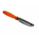 Small manual scraper with open-center steel blade and plastic handle