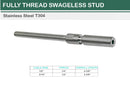 Stainless Steel T316 Swageless Stud 1/4" Full Thread For 1/8",3/16" Cable Wire