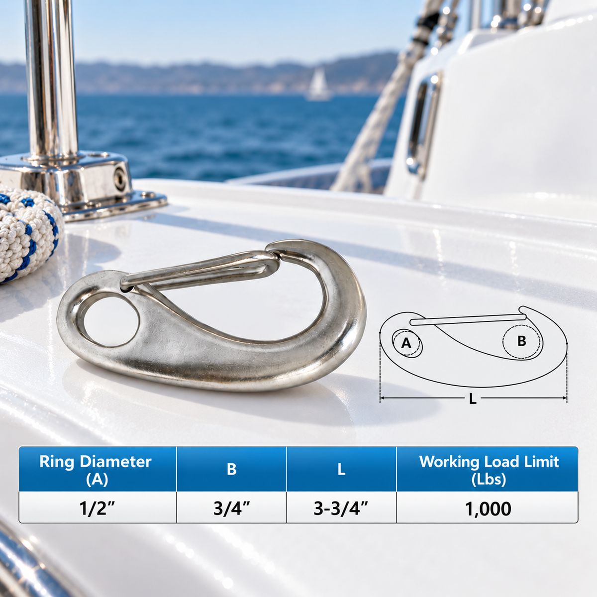 5 Pc Set Marine T316 Stainless Steel Gate Snap Hook Carabiner, Rigging Clip for Boat, Dock, Rope, Chain, and Cable Use