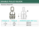 Stainless Steel 316 Double Pulley Block For Wire Rope Chain 1", 1-1/4", 2"