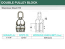 Stainless Steel 316 Double Pulley Block For Wire Rope Chain 1", 1-1/4", 2"