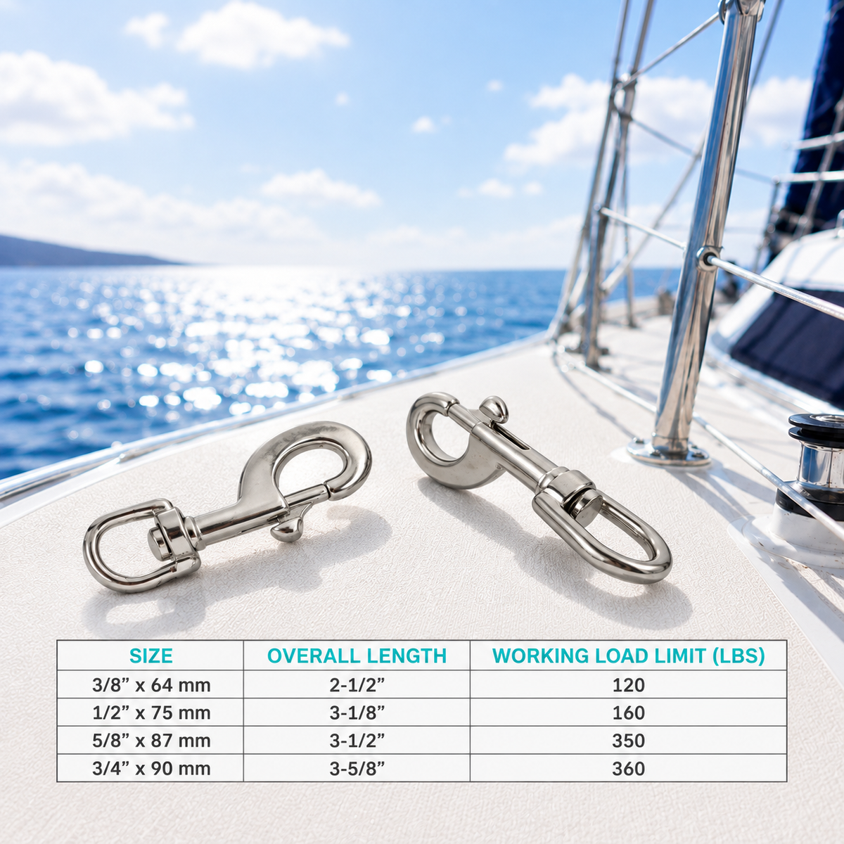 5 Pc Set Marine Boat T316 Stainless Steel Swivel Eye Bolt Snap Hook, Quick Release Rigging Clip for Rope, Chain, Cable, and Outdoor Use