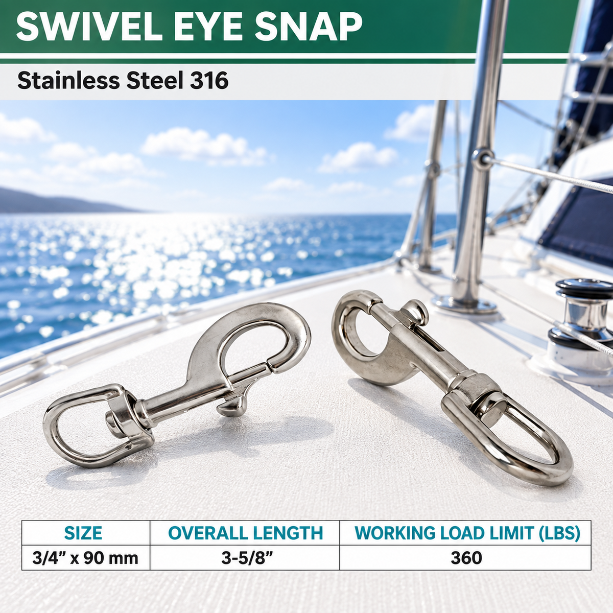 5 Pc Set Marine Boat T316 Stainless Steel Swivel Eye Bolt Snap Hook, Quick Release Rigging Clip for Rope, Chain, Cable, and Outdoor Use