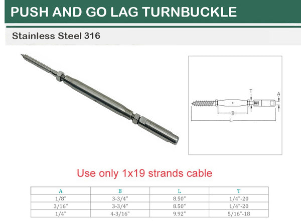 Marine Boat T316 Stainless Steel Push And Go Lag Turnbuckle For Cable Wire