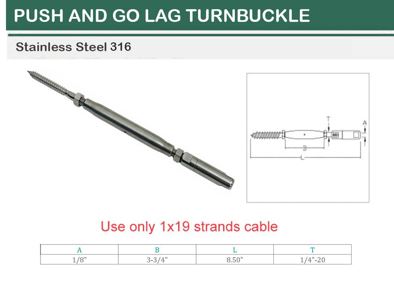Marine Boat T316 Stainless Steel Push And Go Lag Turnbuckle For Cable Wire