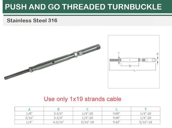 Marine T316 Stainless Steel Push And Go Threaded Turnbuckle For Cable Wire