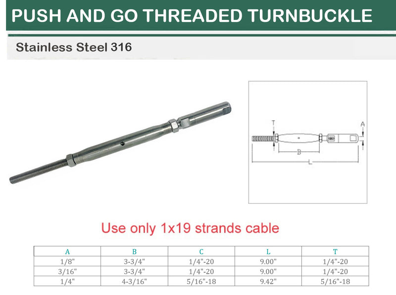 Marine T316 Stainless Steel Push And Go Threaded Turnbuckle For Cable Wire