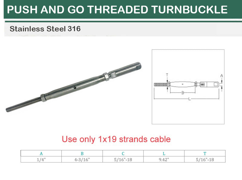Marine T316 Stainless Steel Push And Go Threaded Turnbuckle For Cable Wire