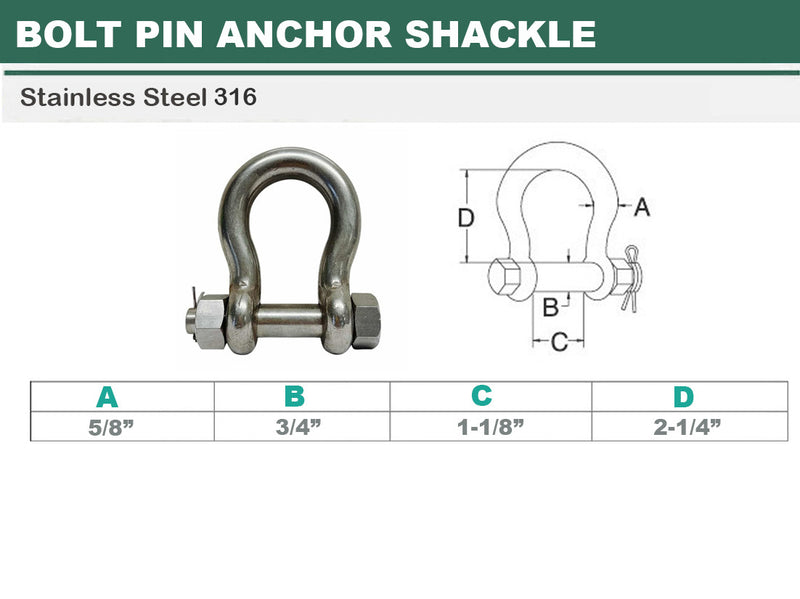 Mil-Spec 316 Stainless Steel Drop Forged 5/8" Bolt Pin Anchor Shackle 4000Lb WLL