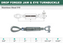 Mil-Spec Stainless Steel Drop Forged 3/4" x 6" Jaw & Eye Turnbuckle 5200 Lb WLL
