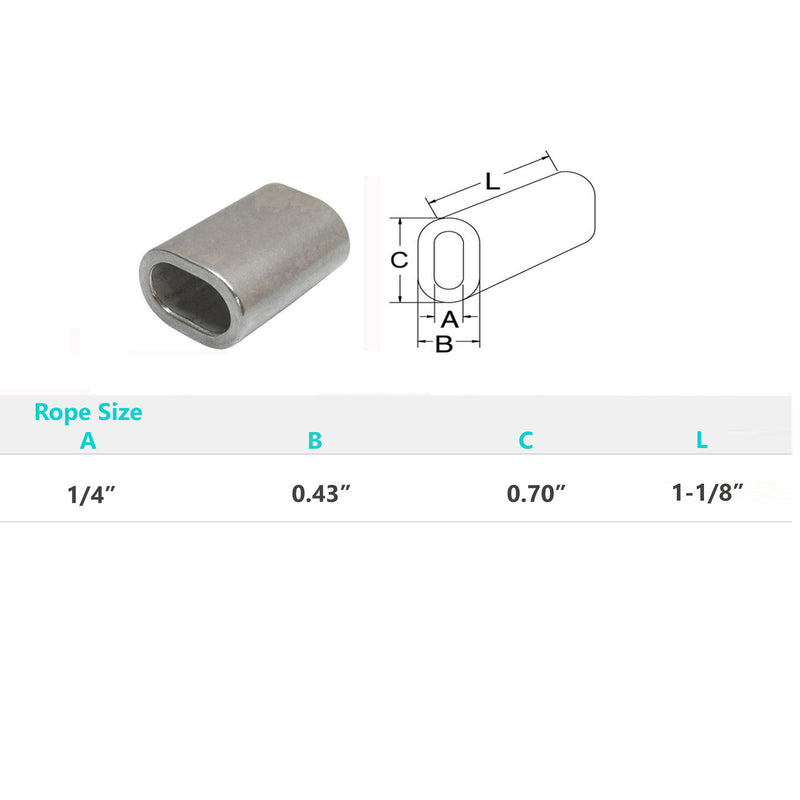 50 Pcs 1/4" Marine Stainless Steel Wire Rope Oval Sleeve Sleeves Crimping SS316