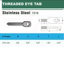 T316 Stainless Steel Threaded Eye Tab 5/16"-18 Thread, 5/16"-24 Thread, 5/16"-Lag Thread - PACK 5