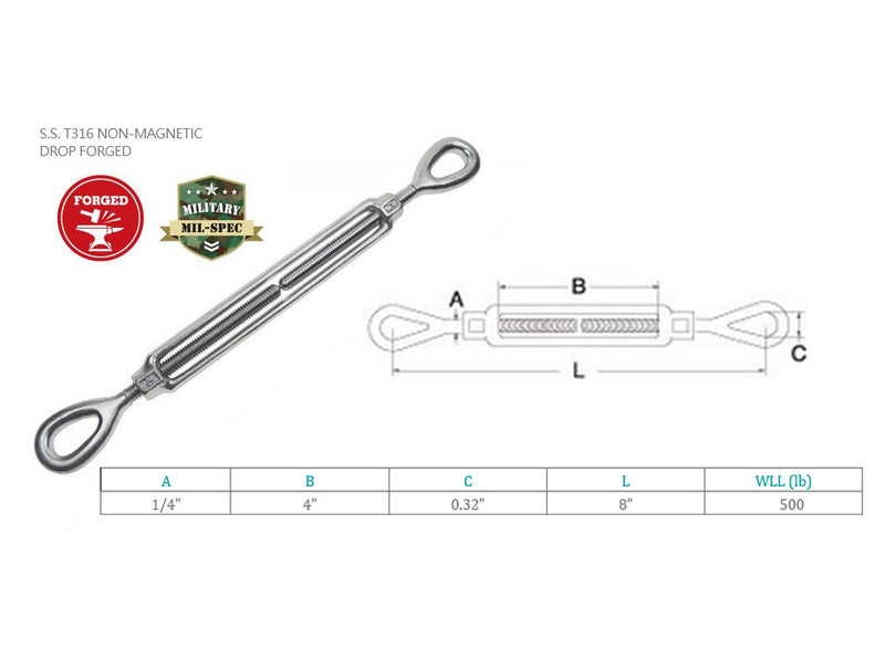 T316 Stainless Drop Forged Steel Mil-Spec 1/4" x 4" EYE EYE Turnbuckle 500lb WLL