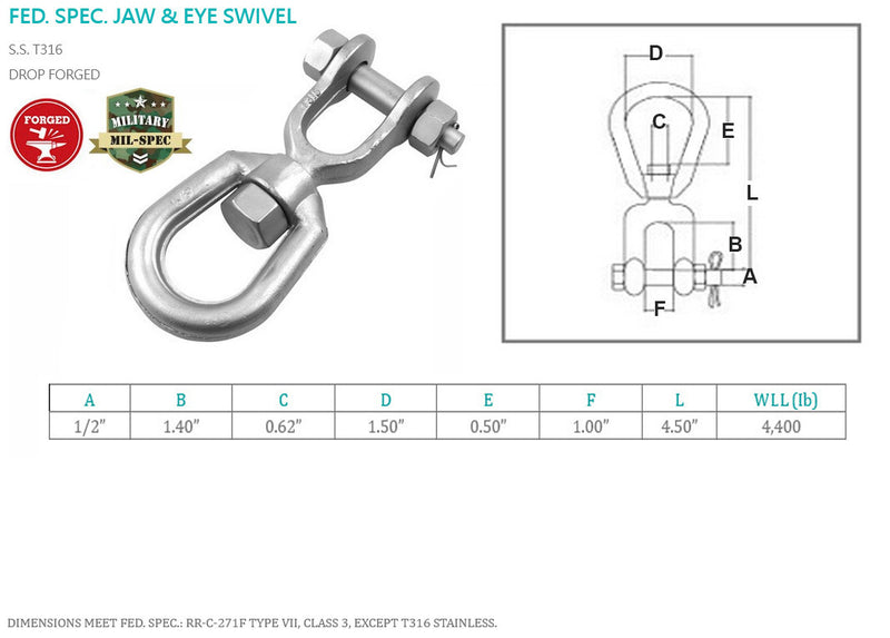 Mil Spec Marine 316 Stainless Steel Drop Forged 1/2" Jaw Eye Swivel 4,400 Lb WLL