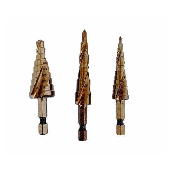 3 Pc Cobalt Step Drill Bit Set 1/4" Hex 13-9-6 Hole Spiral Fulte Drill Design
