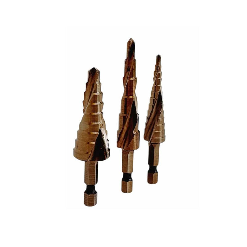 3 Pc Cobalt Step Drill Bit Set 1/4" Hex 13-9-6 Hole Spiral Fulte Drill Design