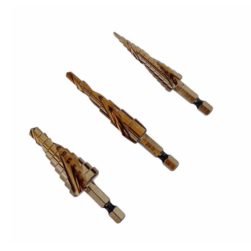3 Pc Cobalt Step Drill Bit Set 1/4" Hex 13-9-6 Hole Spiral Fulte Drill Design
