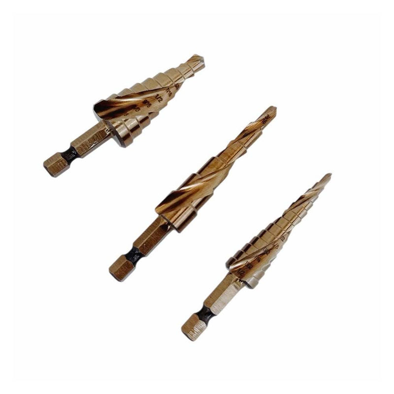 3 Pc Cobalt Step Drill Bit Set 1/4" Hex 13-9-6 Hole Spiral Fulte Drill Design