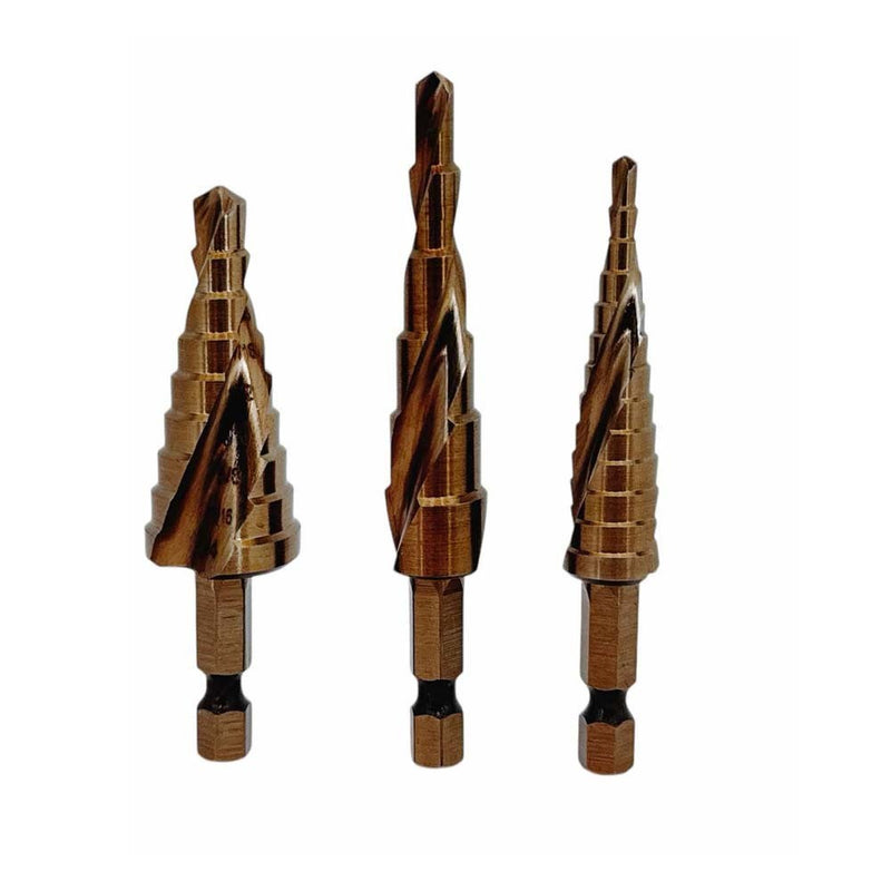3 Pc Cobalt Step Drill Bit Set 1/4" Hex 13-9-6 Hole Spiral Fulte Drill Design