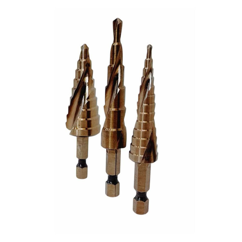 3 Pc Cobalt Step Drill Bit Set 1/4" Hex 13-9-6 Hole Spiral Fulte Drill Design