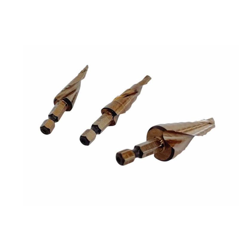 3 Pc Cobalt Step Drill Bit Set 1/4" Hex 13-9-6 Hole Spiral Fulte Drill Design