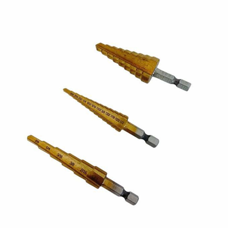 3Pc Titanium Step Drill Bit Set 3/8" Shaft 13-9-6 Steps 2 Flute Design Hex Shank