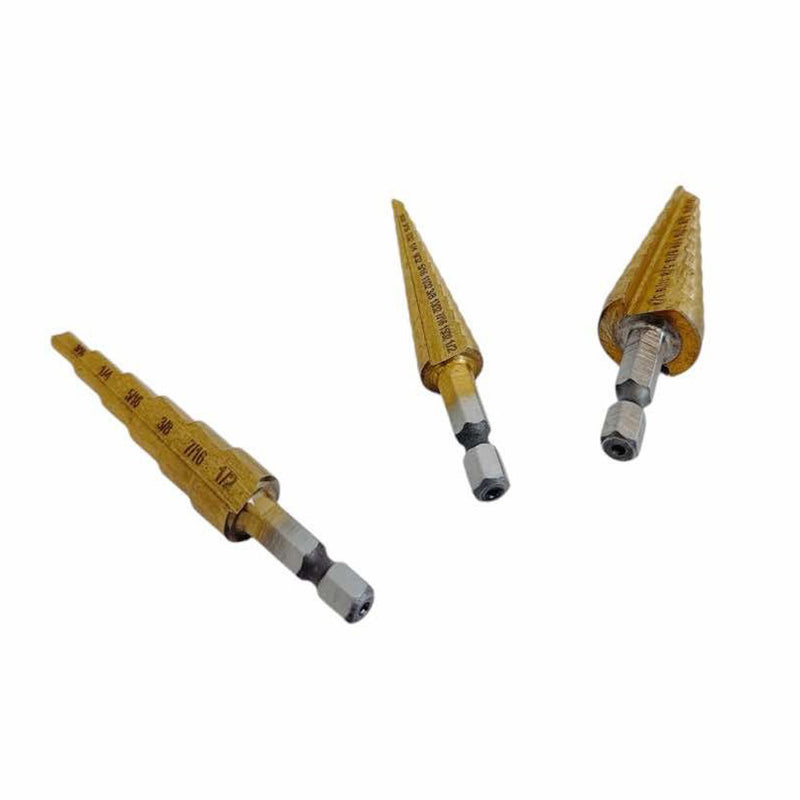 3Pc Titanium Step Drill Bit Set 3/8" Shaft 13-9-6 Steps 2 Flute Design Hex Shank