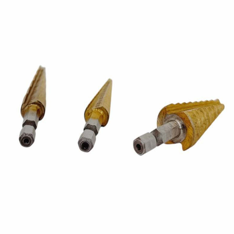 3Pc Titanium Step Drill Bit Set 3/8" Shaft 13-9-6 Steps 2 Flute Design Hex Shank