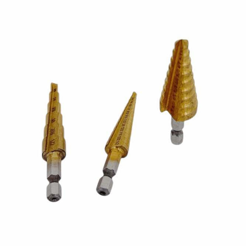 3Pc Titanium Step Drill Bit Set 3/8" Shaft 13-9-6 Steps 2 Flute Design Hex Shank