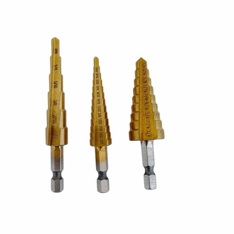 3Pc Titanium Step Drill Bit Set 3/8" Shaft 13-9-6 Steps 2 Flute Design Hex Shank