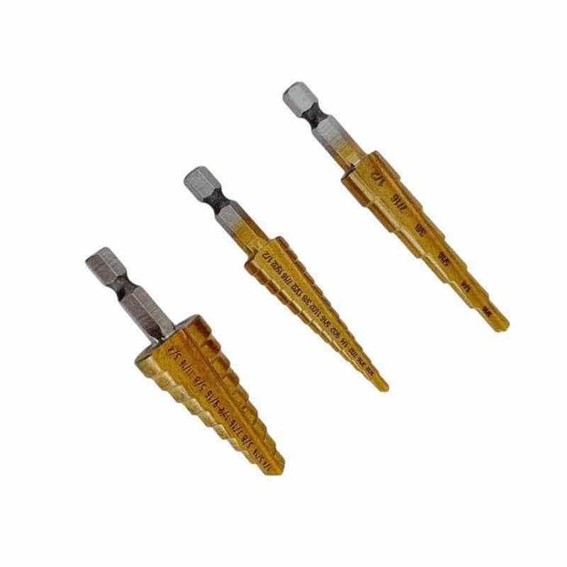 3Pc Titanium Step Drill Bit Set 3/8" Shaft 13-9-6 Steps 2 Flute Design Hex Shank