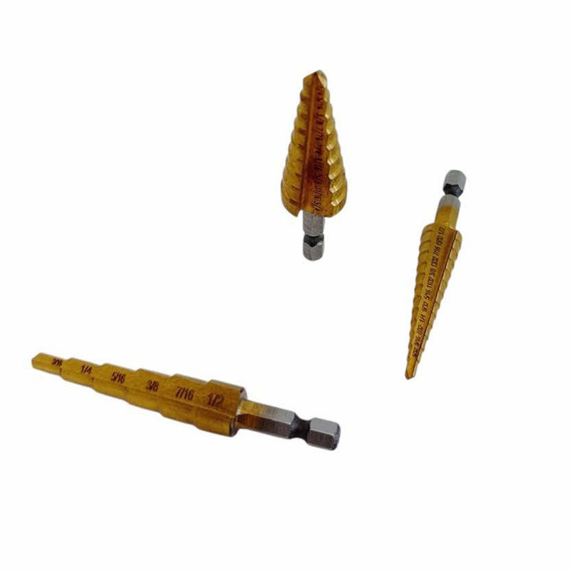 3Pc Titanium Step Drill Bit Set 3/8" Shaft 13-9-6 Steps 2 Flute Design Hex Shank
